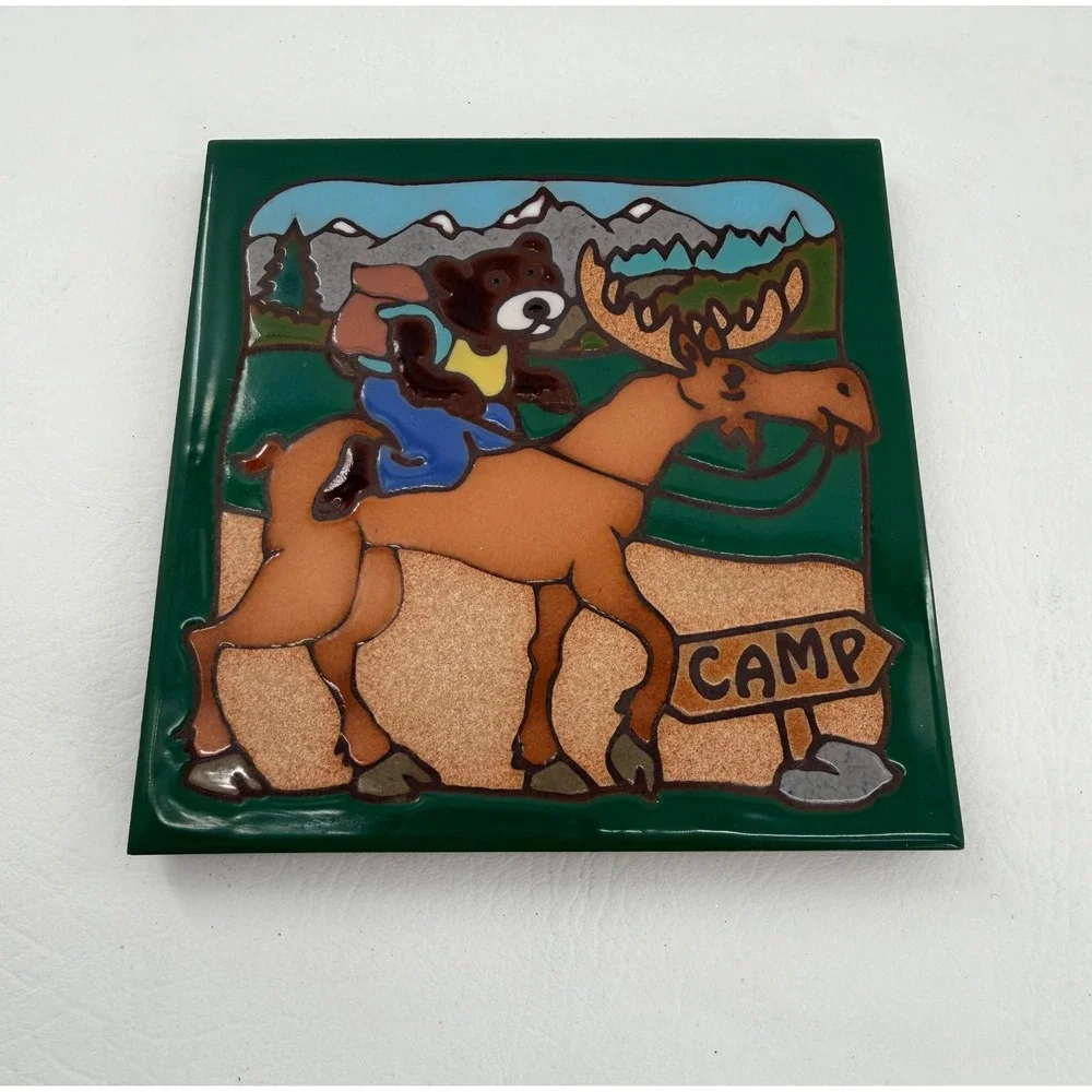 Masterworks Ceramic Tile Trivet 6in Green Bear Riding Moose Vintage Art Decor